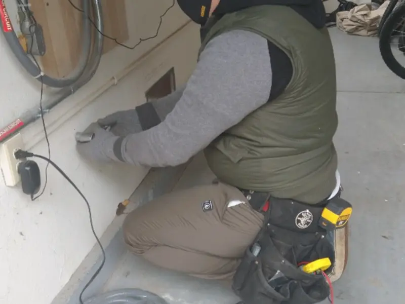 Electrician performing outlet wiring in a West Haven garage